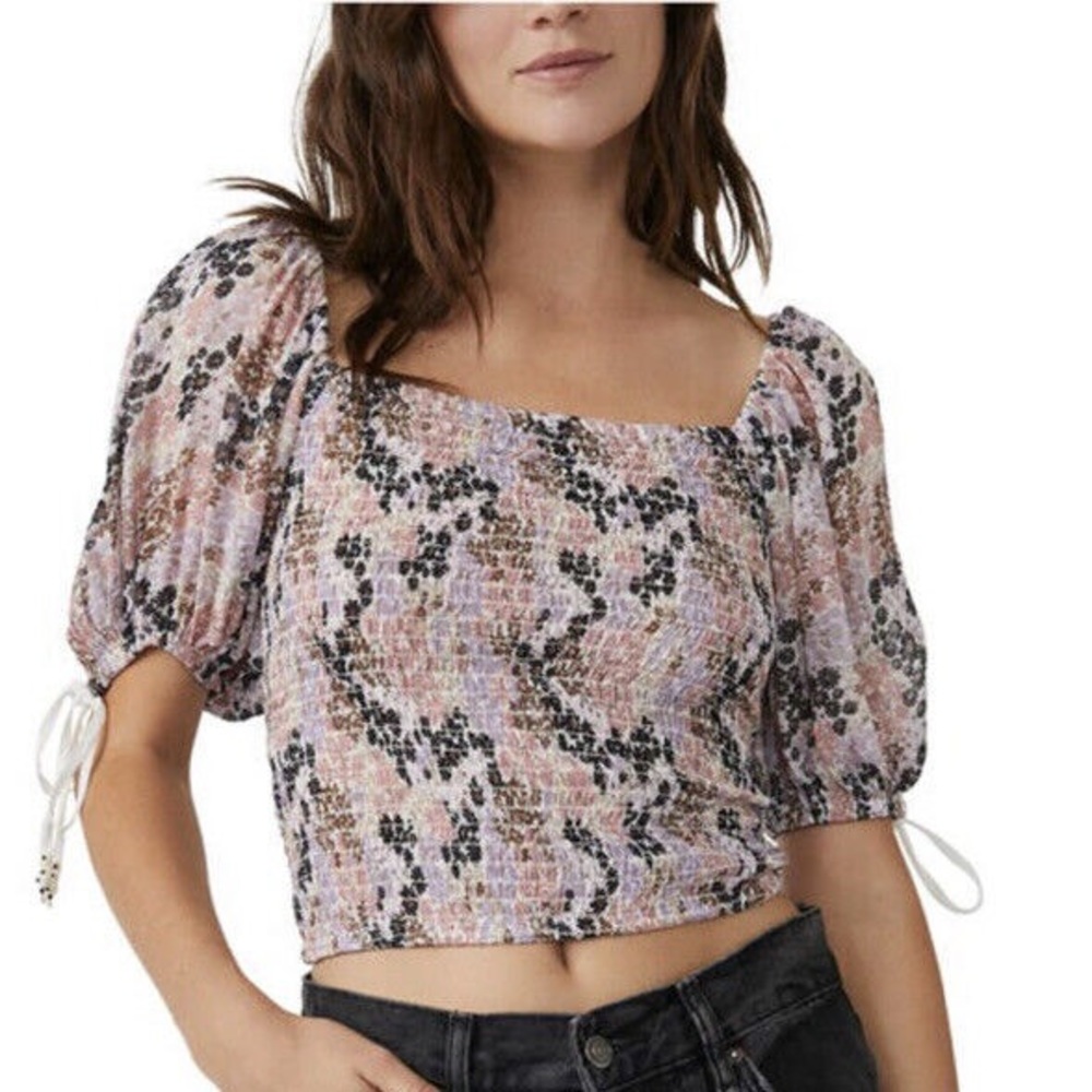 Free People Smocked Puff Sleeve Crop Top Size Large